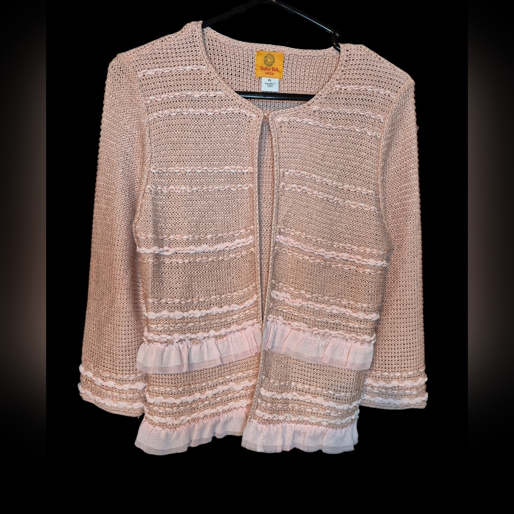 Ruby Rd. Blush Knit Ruffle Cardigan - Picture 3 of 8
